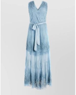 Guess V Neck Sleeveless Maxi Dress Embroidered Belt - Blue