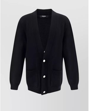 Balmain Wool Blend Logo Intarsia V-Neck Cardigan - Blue