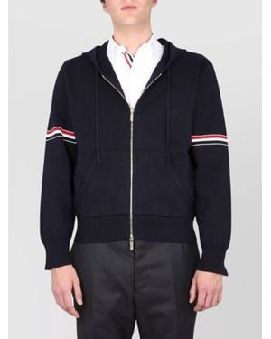 Thom Browne Hoodie With Front Pockets And Stripe Detail - Blue