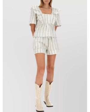 Ganni Square Neckline Striped Ruffle Blouse - White