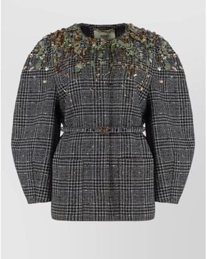 Fendi Embellished Tweed Single Breasted Jacket - Gray