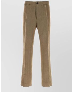 Ferragamo Linen Blend Straight Leg Button Trousers - Natural