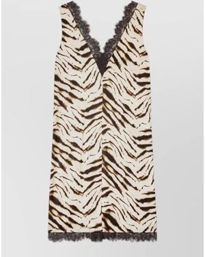 Ganni Zebra Motif Midi Dress V Neckline Sleeveless - White