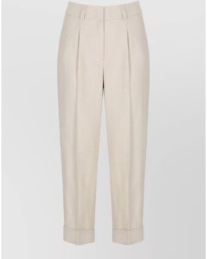 Peserico Linen Straight Pants Belt Loops Pleats - Natural
