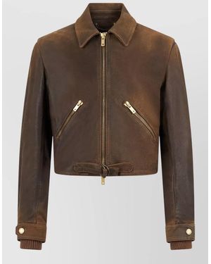 Golden Goose Short Leather Jacket Long Sleeves Collar - Brown
