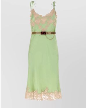 Prada Satin Midi Dress Lace Trim - Green