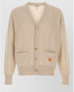 Loewe Wool Blend Cardigan Front Pockets Ribbed Cuffs Hem - Natural
