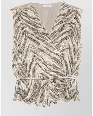 Brunello Cucinelli Sleeveless V Neck Cardigan Sequin Tie Waist - Natural