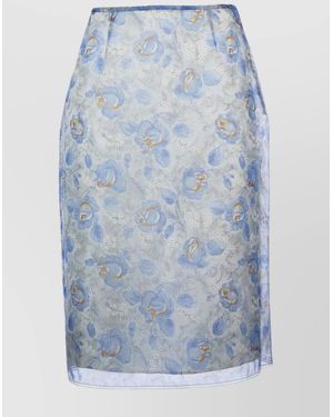 Prada High-Rise Floral-Print Lace-Trim Midi Pencil Skirt - Blue
