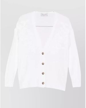 ERMANNO FIRENZE V Neck Cardigan Long Sleeves Embroidery Ribbed - White