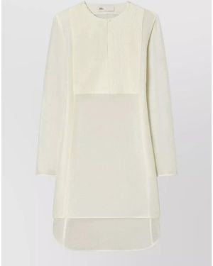 Tory Burch Silk Linen Pleated Long-Sleeve Round-Neck High-Low Hem Knee-Length Dress - Natural