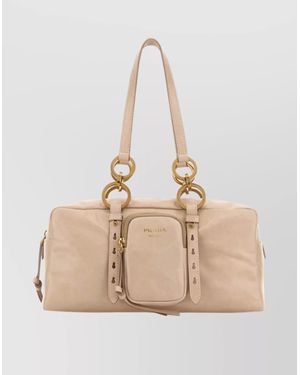 Prada Leather Handbag With Double Handles And Pocket - Natural