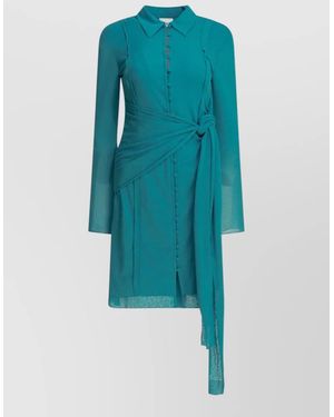 Ganni Shirt Dress Button Detail Long Sheer Sleeves - Blue