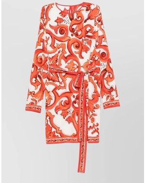 Dolce & Gabbana Maiolica Silk Dress Belted Waist - Red