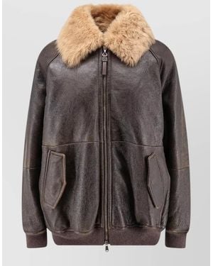 Brunello Cucinelli Leather Jacket Shearling Collar Snap Pockets - Gray