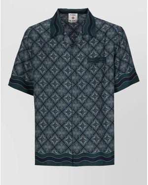 CASABLANCA Silk Shirt Radiating Monogram Short Sleeves - Blue