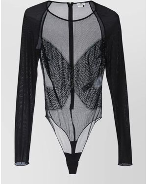 Elisabetta Franchi Long Sleeve Mesh Sheer Bodysuit Top - Black