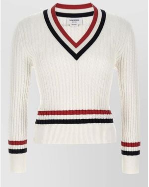 Thom Browne Rwb Cable Knit Sweater Button Detail V Neck - White