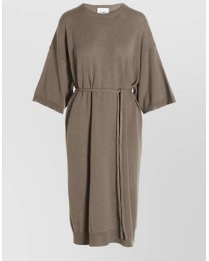 Nude Knit Dress Short Sleeves Belted Waist - Natural