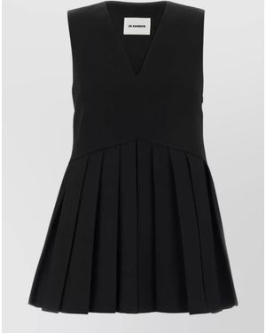 Jil Sander Wool Top Sleeveless V Neckline Pleated - Black