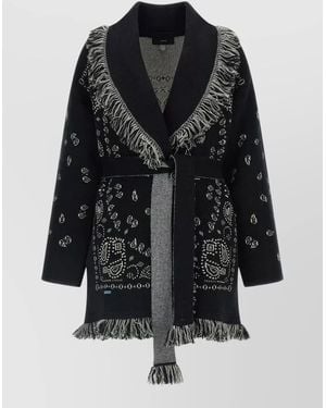 Alanui Bandana Knit Coat Belted Waist Fringe - Black