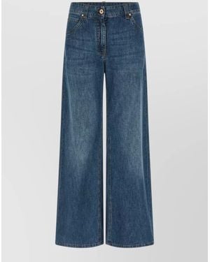 Brunello Cucinelli Wide Leg Pants Belt Loops Contrast Stitching - Blue
