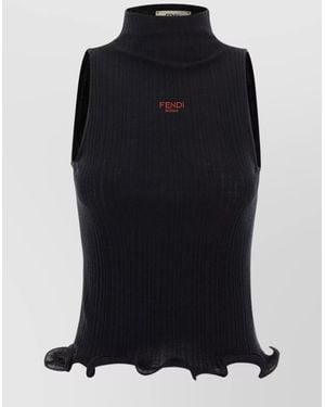 Fendi Cotton Ribbed High-Neck Ruffled Sleeveless Top - Black