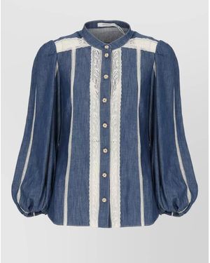 Zimmermann Denim Lace-Panel Long-Sleeve Blouse - Blue