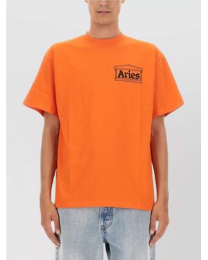 Aries Logo Print Crew Neck T-Shirt With Short Sleeves - Orange