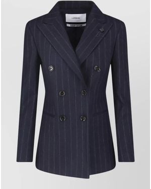 Lardini Double Breasted Pinstripe Blazer Flower Pin - Blue