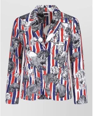 Thom Browne Silk Striped Logo Print Single-Breasted Long-Sleeve Blazer - Red