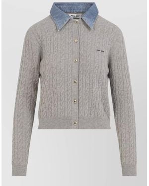 Miu Miu Cropped Cardigan Cable Knit Denim Collar - Blue