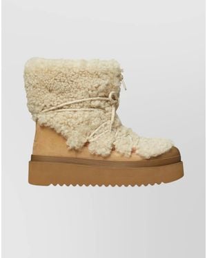 Tory Burch Shearling Lace-Up Platform Boots - Natural