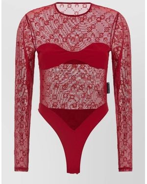 Marine Serre Moonogram Lace Bodysuit Long Sleeves - Red