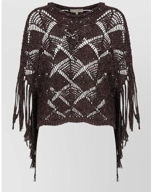 Antonelli Crochet Sequin Crewneck Sweater Short Sleeves Fringe - Black
