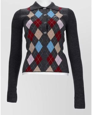 Ganni Polo Top Argyle Pattern Long Sleeves - Blue