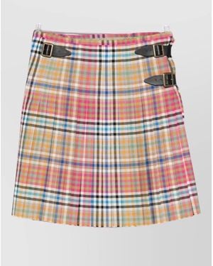 Vivienne Westwood Wool Plaid Pleated Skirt Buckle Frayed Hem - Red