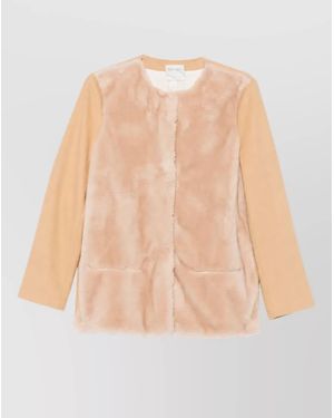 forte_forte Wool Faux Fur Panel Round Neck Long Sleeve Coat - Natural