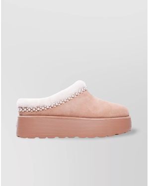 Stuart Weitzman Faux Fur Trim Pearl Embellished Platform Mules - Pink
