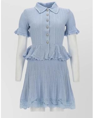 Self-Portrait Knit Mini Dress Lace Trim Peplum - Blue