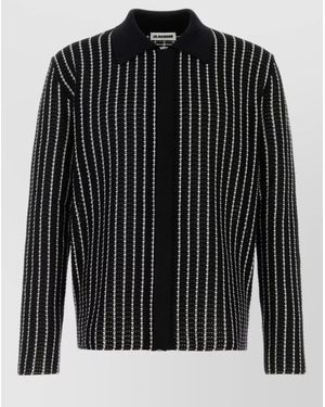 Jil Sander Crochet Cardigan Collared Striped Ribbed Knit - Black