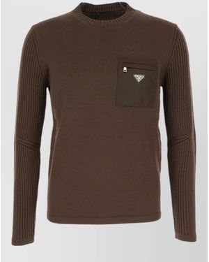 Prada Long Sleeve Crew Neck Ribbed Pocket Top - Brown