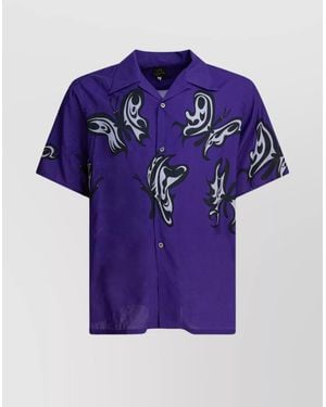 Needles Butterfly Print Short Sleeves Spread Collar Shirt - Blue