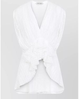 Alberta Ferretti Pleated Sleeveless Deep V-Neck Asymmetric Draped Knot Blouse - White