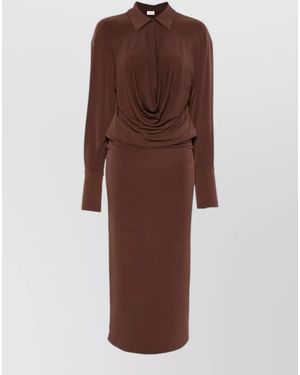 ANDAMANE Deep V-Neck Long-Sleeve Midi Dress - Brown