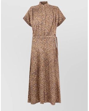 Isabel Marant Midi Dress Silk Viscose Pleated Belt - Natural