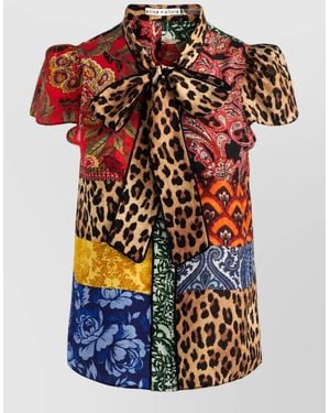 Alice + Olivia Silk Printed Pussy-Bow Short-Sleeve Shirt - Multicolor
