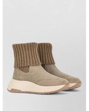 Hogan Suede Ribbed-Knit Ankle Boots - Natural