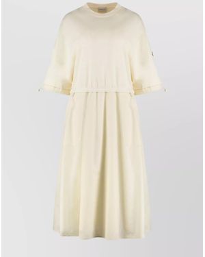 Moncler Midi Cotton Dress Featuring Drawstring Waist - Natural
