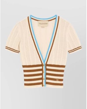 Valentino Garavani Cropped Knit Cardigan Short Sleeve Stripes - Natural